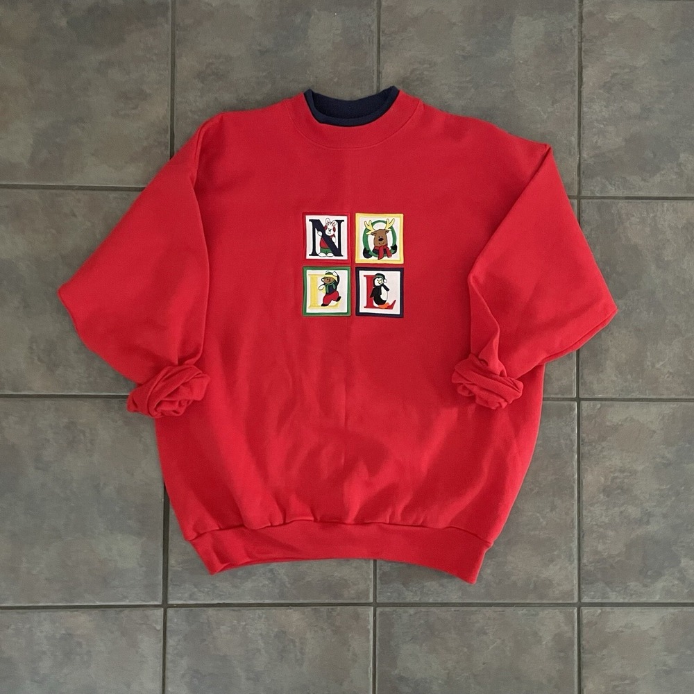 Vintage Women 80's Red Embroidered Noel Crewneck‎ Pullover Sweatshirt Large